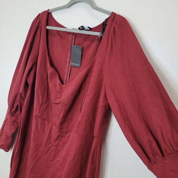 Eloquii Maroon Plus Balloon 3/5 Sleeve Red Ruffle Bodycon Burgundy Midi Dress 20 - Picture 5 of 10